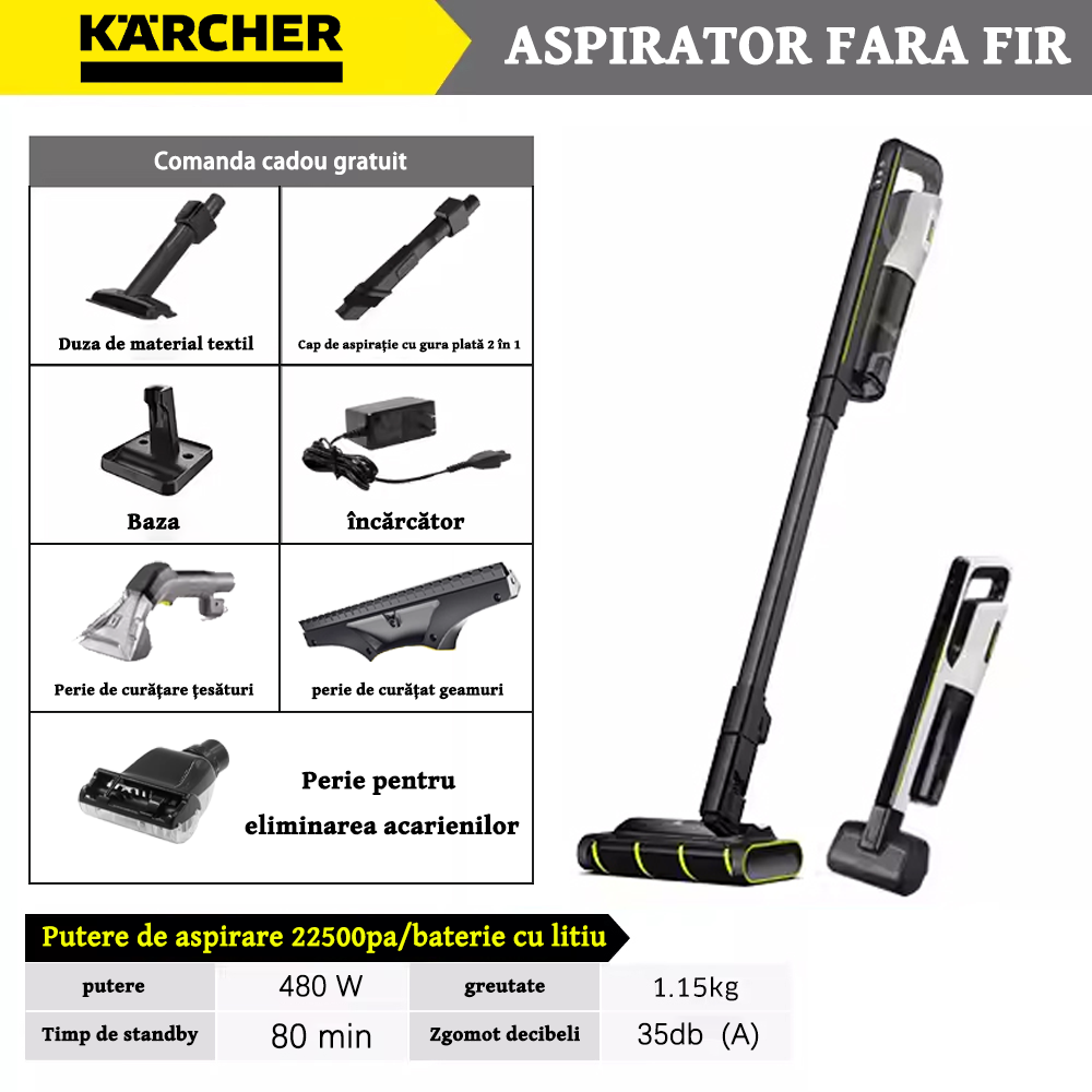 Aspirador sem fio Kärcher + 40000 rpm de alta potência + 15200pa de alta potência de sucção + autolimpeza + carregador + base de carregamento + escova de limpeza